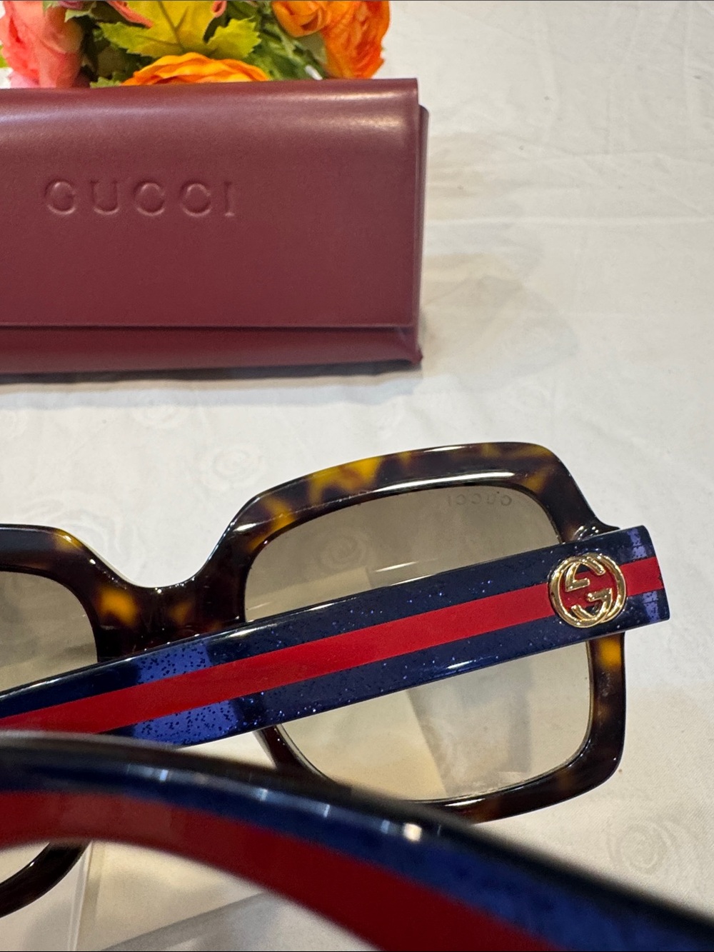 Authentic Gucci Black Square Sunglasses with Red & Blue Temple Stripes - Picture 7 of 11